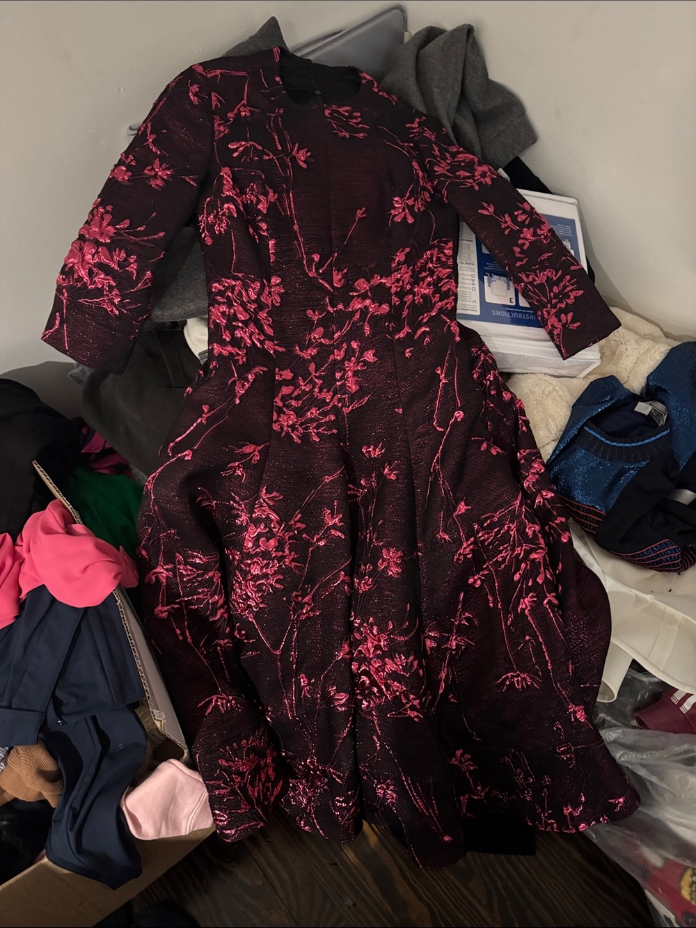 Women's Long-Sleeve Fit & Flare Dress in Black with Pink Floral Embroidery